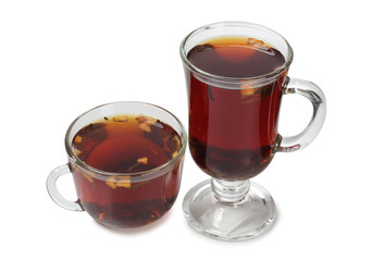 Glass cup with tea on white background