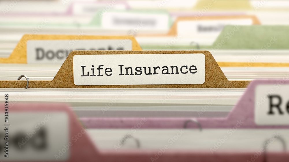 Poster life insurance on business folder in multicolor card index. closeup view. blurred image. 3d render.