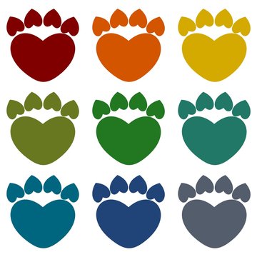 Paw Sign Heart icons set 