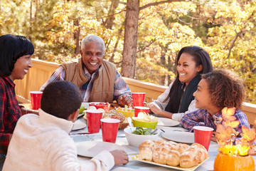 Grandparents with children enjoying outdoor meal