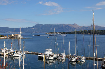 yachts sailboats and ferry boat Corfu  island Greece