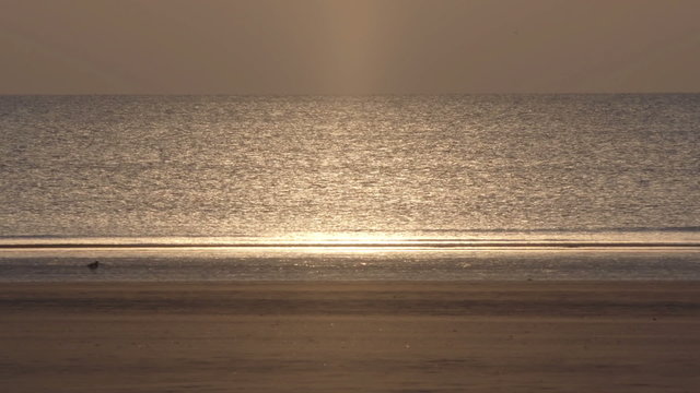 The sun is setting behind the perfect fine golden sandy beach at low tide.