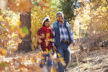 Senior African American Couple Walking Through Fall Woodland