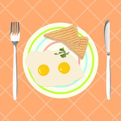 Fried eggs with toasts for breakfast, vector illustration - 104818018