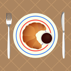 Croissant with chocolate sauce for breakfast, vector illustratio - 104818026