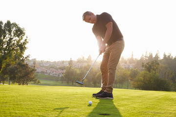 Male Golfer Putting Ball Into Hole On Green