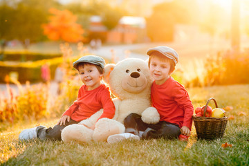 Two adorable little boys with his teddy bear friend in the park