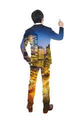 Double exposure of city and businessman, Business success concep