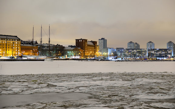 View of Northern harbor in winter evening