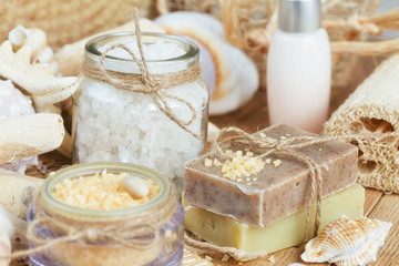 Composition of spa treatment on wooden background