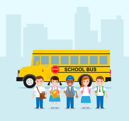school children kids in uniform with books backpacks school bus