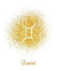 Sign of the zodiac Gemini on a background of gold sparkles.