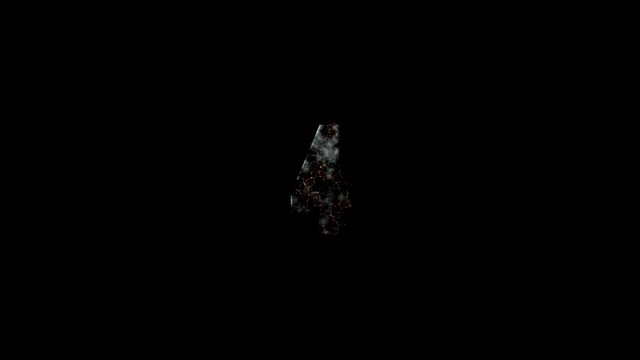 Countdown 3D animation from 5 to 0 with spinning number and turn to fire burning ash in black background used for introduction title presentation in 4k ultra HD video in extreme thrilling concept