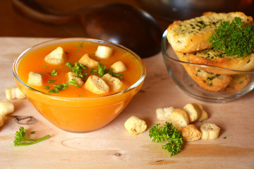 Creamy Butternut Squash Soup With Croutons On a Glass Bowl 