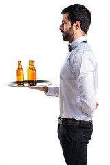 Waiter with beer bottles on the tray