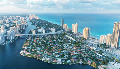 Wonderful skyline of Miami at sunset, aerial view
