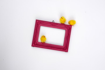 lopsided, 3 chicken on top of a lopsided pink frame