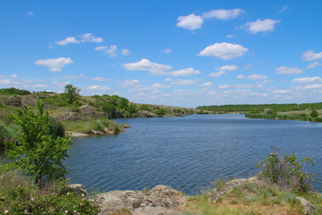 beautiful landscape - grass, lake, trees, blue sky