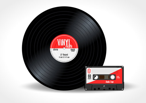 Gramophone vinyl LP record and music cassette with red label. Long play album disc 33 rpm and compact audio tape - realistic retro design, vector art image illustration, isolated on white background
