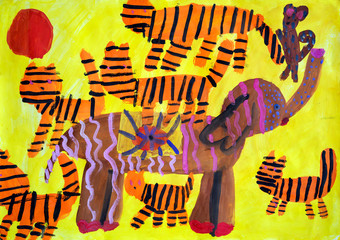 Fototapeta premium Children's drawing a picture painted gouache paints