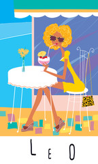 A girl drinking strawberry cocktail in cafe open terrace. Leo horoscope