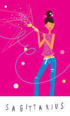 A girl shooting party popper with confetti. Sagittarius horoscope