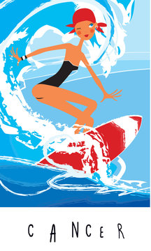 Surfer girl catching big wave. Cancer horoscope sign