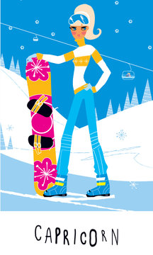Snowboarder girl as capricorn horoscope sign