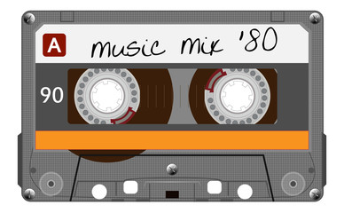 Vintage transparent plastic audio cassette. Orange musical cassette tape with text old technology, realistic retro design. vector art image illustration isolated on white background - obrazy, fototapety, plakaty