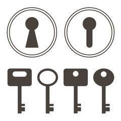 Keys and keyhole silhouettes set isolated on white background.