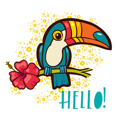 Bird Toucan, tropical hibiscus flower in cartoon style. The phrase Hello