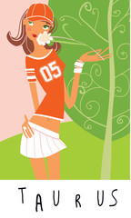 Taurus horoscope sign. Girl smelling a flower