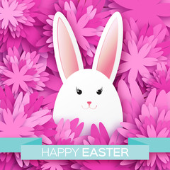 Pink Greeting card with Happy Easter - with white Easter rabbit. Spring Funny Bunny. Easter Bunny. Easter Egg