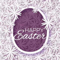 Fototapeta na wymiar Greeting card with Happy Easter - with white purple flower Easter Egg on white background. Oval egg template. Vector design illustration