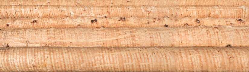 Fototapeta premium Panorama von geschälten horizontalen Baumstämmen 