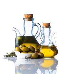 Olive Oil and Olives on White Background