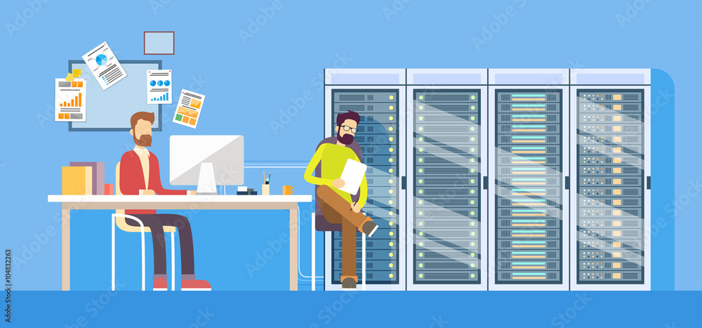 Poster people working data center technical worker man administrator sitting desk hosting