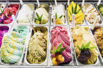 italian gelato gelatto ice cream display in shop - obrazy, fototapety, plakaty