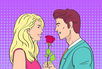 Couple Man Give Woman Red Rose Flower