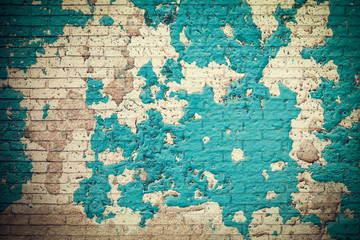 Old vintage crack wall, abstract blue brick pattern background.