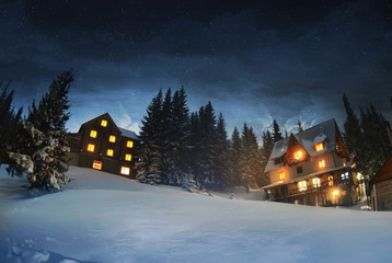 Wooden houses in winter forest, Dragobrat in Ukraine