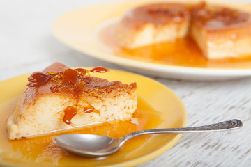 Homemade custard pudding served with caramel