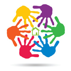 Vector concept circle of hands, green house symbol