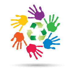 Vector concept circle of hands, green recycle symbol