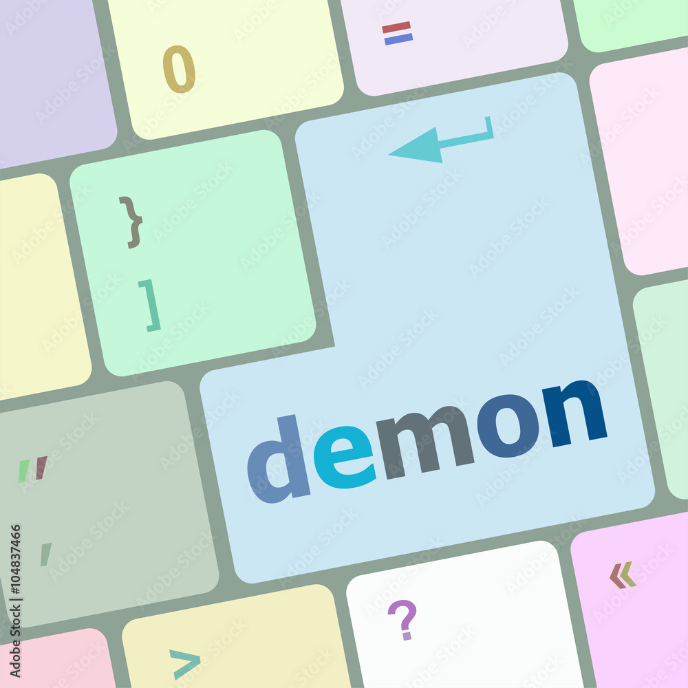 Poster demon word on keyboard key, notebook computer button vector illustration