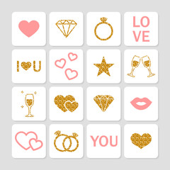 Valentine's day golden glitter design elements set.