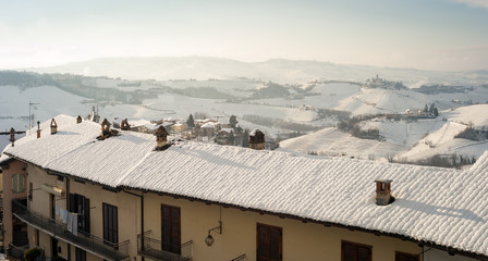 Langhe snowed vineyards, wintertime. Color image