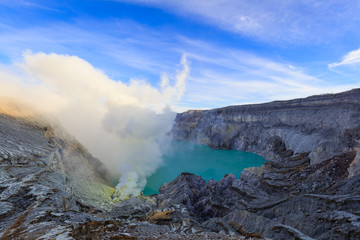 Ijen Volcano Crater with sulphuric acid smoke