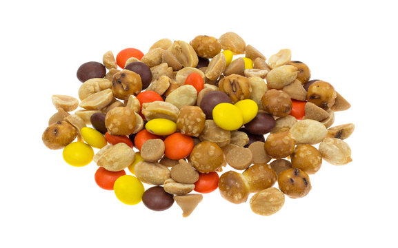 Peanut Butter Chips And Candy Trail Mix Isolated On A White Background.