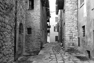 Varzi old city centre. Black and white photo